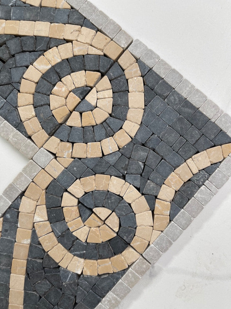 Marble Mosaic Border Insert Listello Tile Swirl Nero 4x12 Tumbled, 1 piece