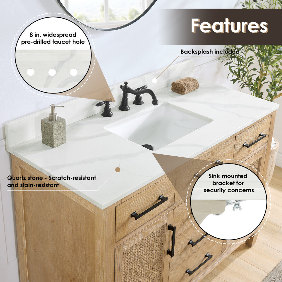 Solana Bathroom Vanity with Calacatta White Quartz Stone Countertop, Weathered Fir, 48", Without Mirror