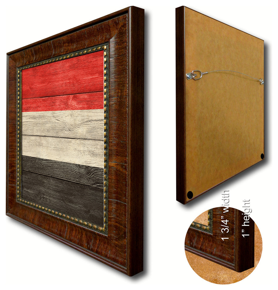 Yemen Country Textured Flag Print With Brown Gold Frame, 19"X27"