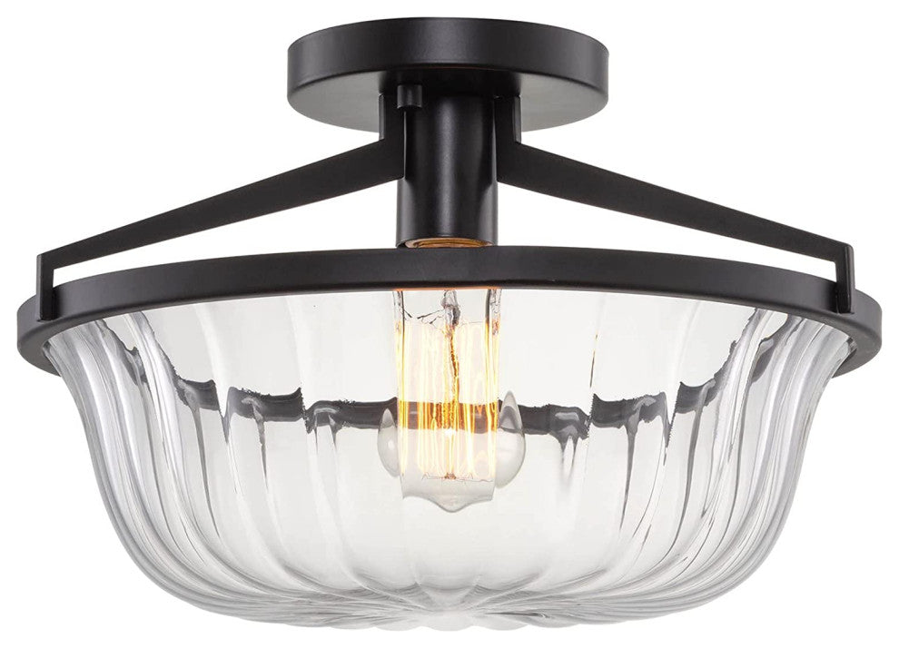 Modern Farmhouse Semi Flush Mount Ceiling Lamp, Black, Glass