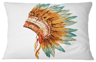 Feathers on Ethnic Skull Abstract Throw Pillow, 12"x20"