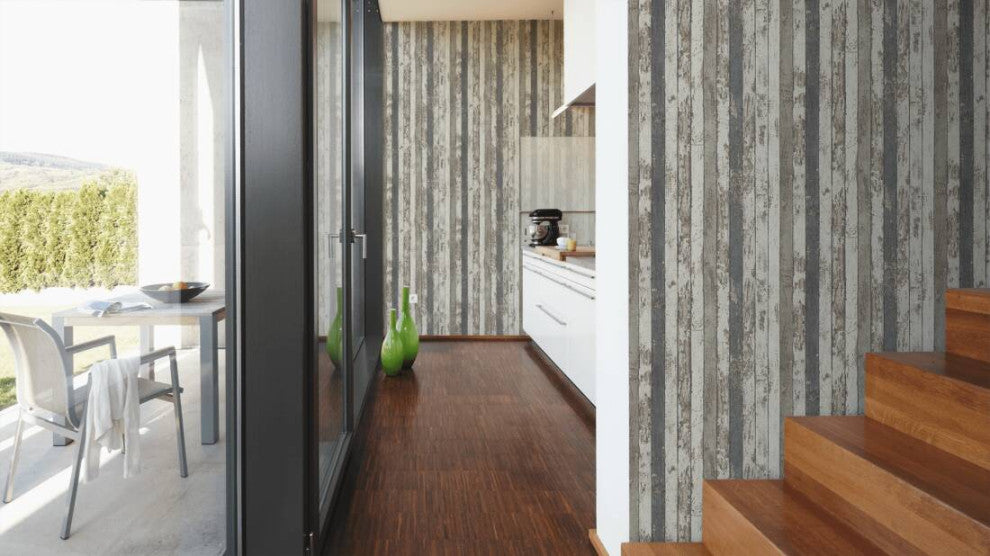 Faux Textured Wallpaper Wooden Stripes, Cream Gray Brown, One Roll
