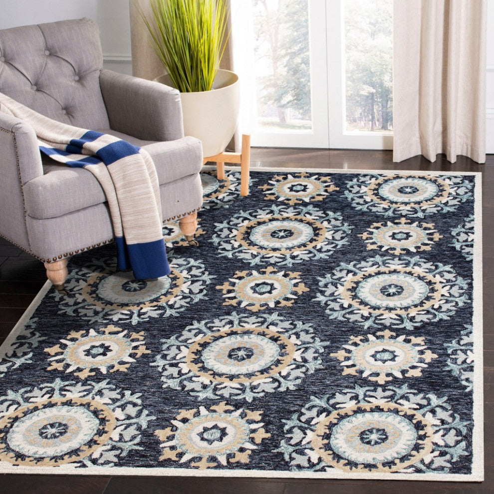 5" x 7" Blue and Beige Floral Disc Area Rug