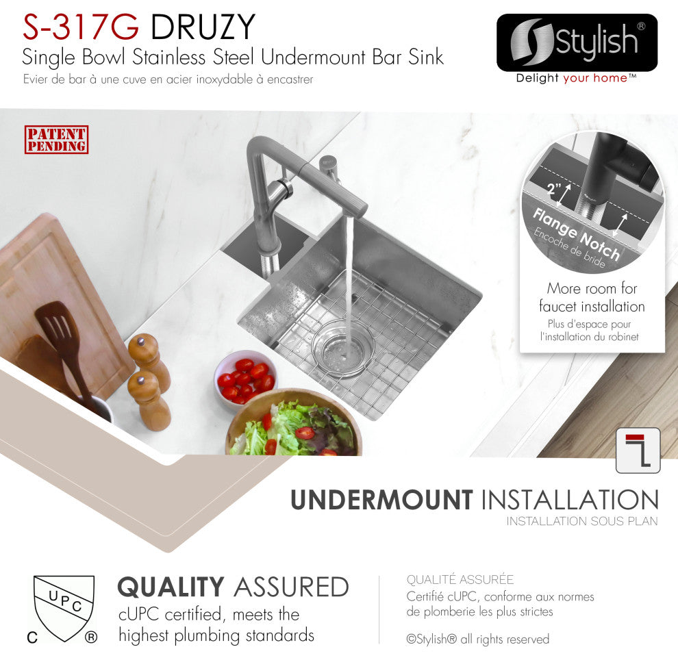 STYLISH 15"L x 15"W Stainless Steel Single Basin Undermount Bar Sink with Grid