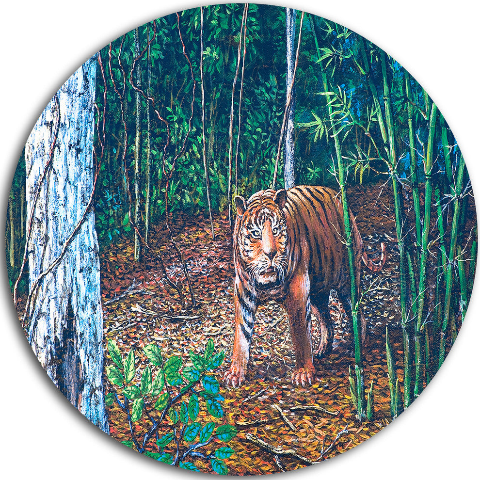 Wandering Tiger In Forest, Animal Digital Art Disc Metal Wall Art, 23"