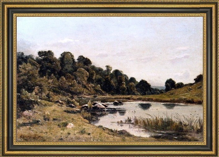 Henri Harpignies the Banks of the Aumance Framed Premium Canvas Print, 16"x24"