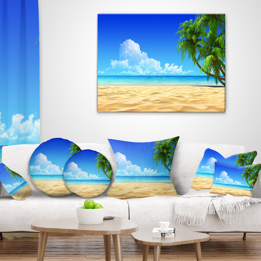 Coconut Palms Bent into Beach Seashore Throw Pillow, 18"x18"