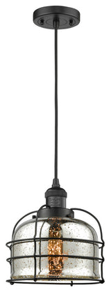 1-Light Large Bell Cage 8" Mini Pendant, Matte Black, Glass: Silver Mercury