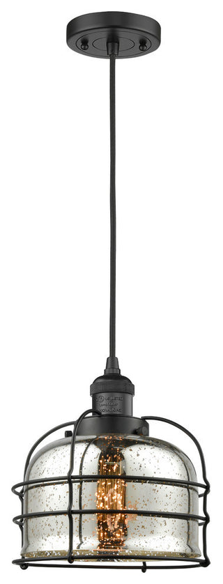 1-Light Large Bell Cage 8" Mini Pendant, Matte Black, Glass: Silver Mercury