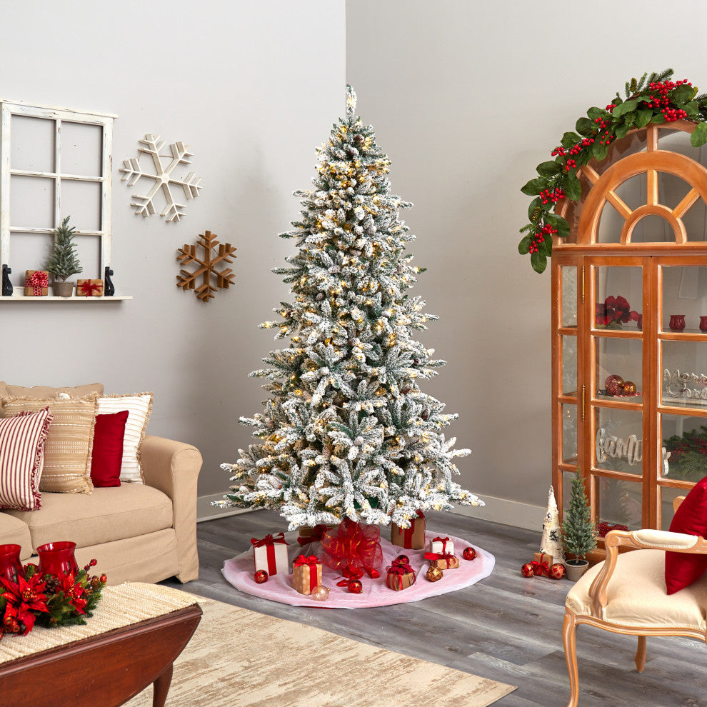 8' Flocked Livingston Fir Christmas Tree With Pine Cones & 500 Clear LED Lights