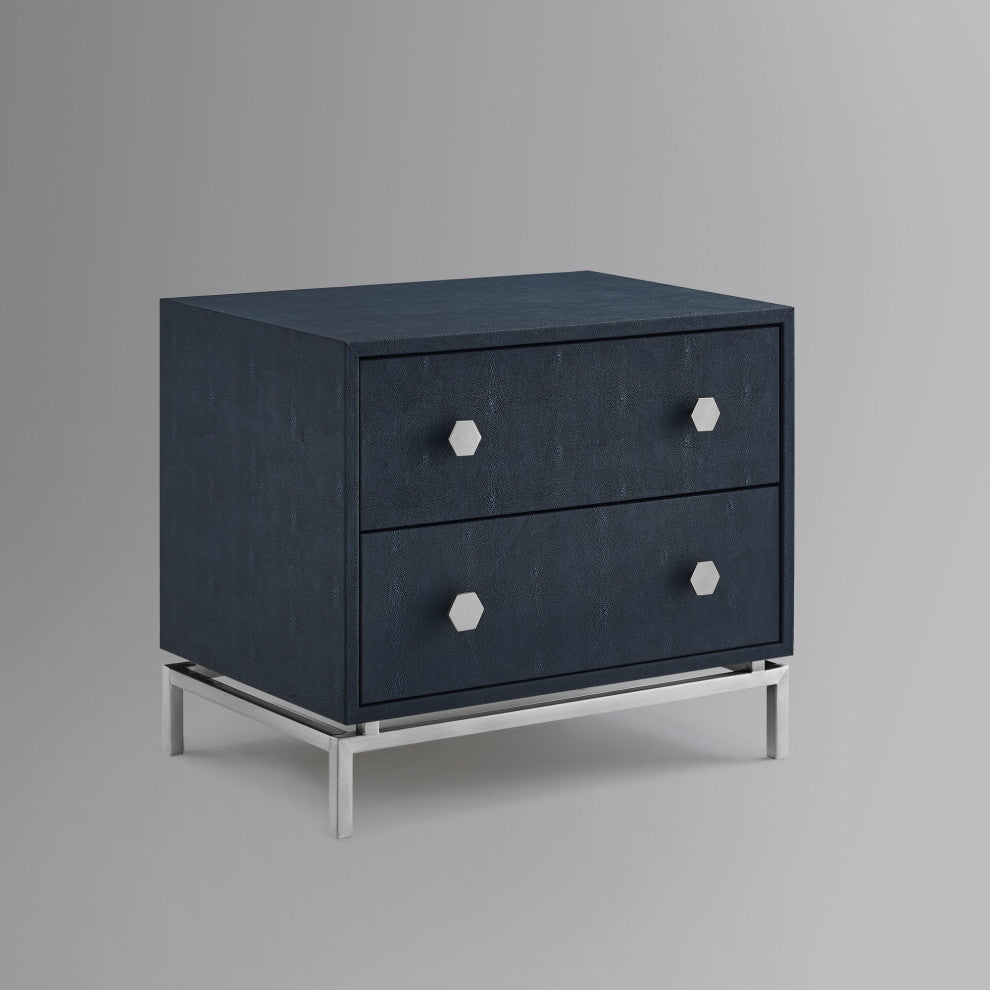 Nicole Miller Aharon Side Table, 2 Drawers, Faux Shagreen, Navy/Chrome