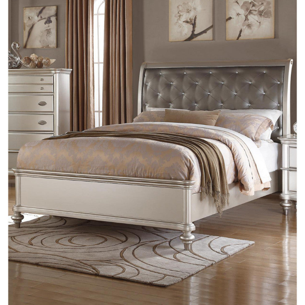Benzara Wooden C.King Bed With Silver PU Tufted HB, Shinny Silver Finish
