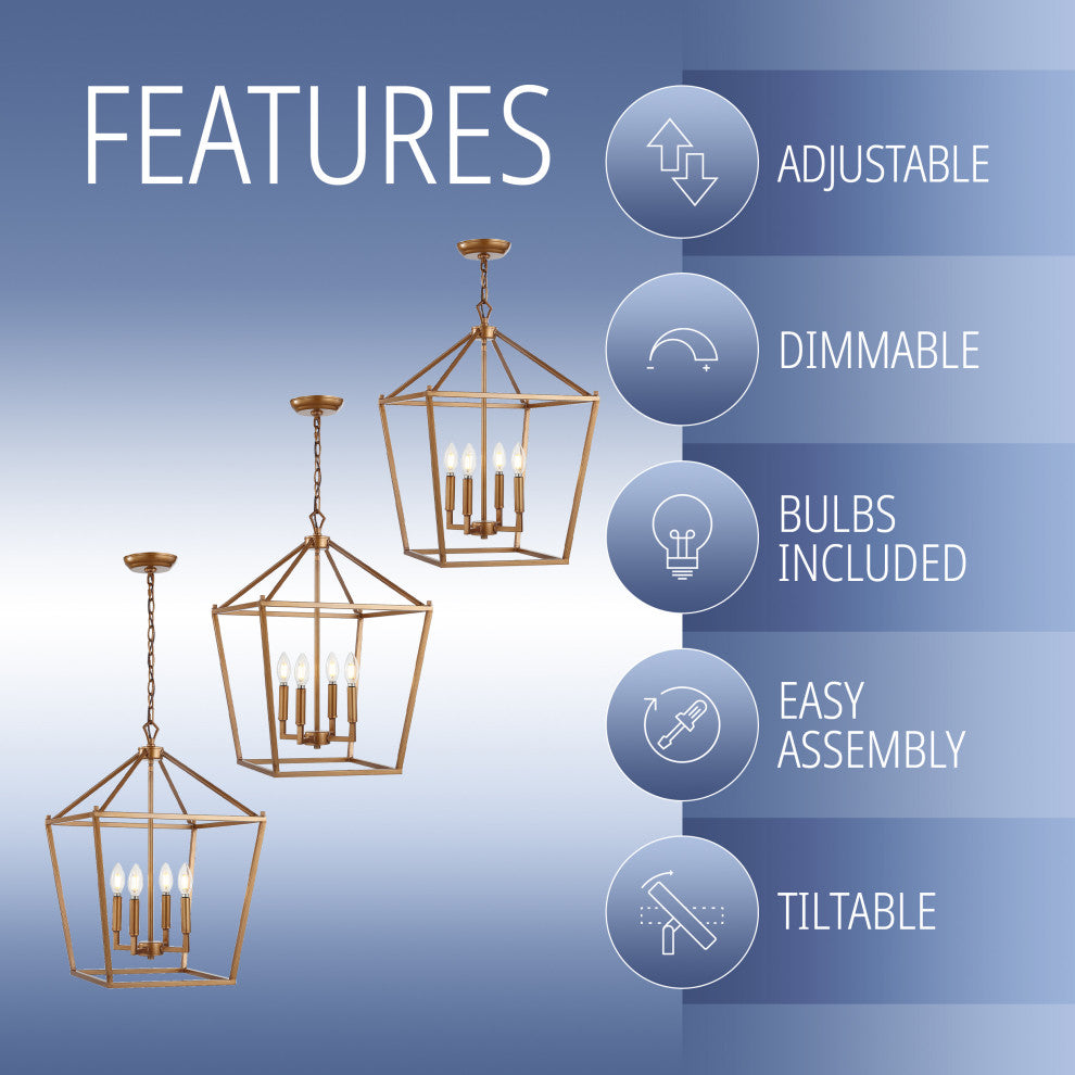 Pagoda Lantern Metal LED Pendant, Antique Gold, 16"