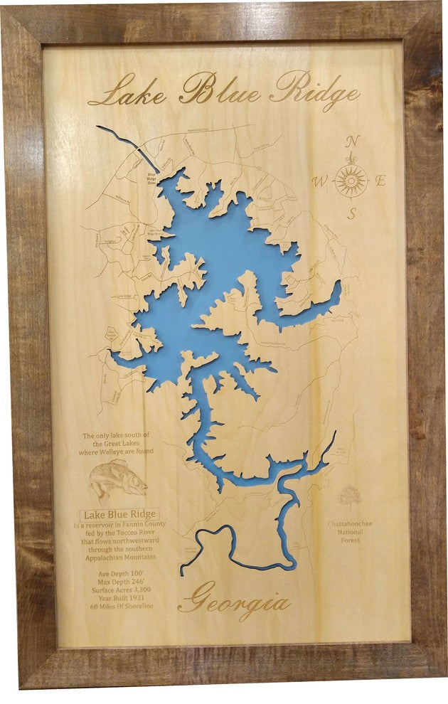 Lake Blue Ridge, Georgia-Wood Lake Map, Large Framed