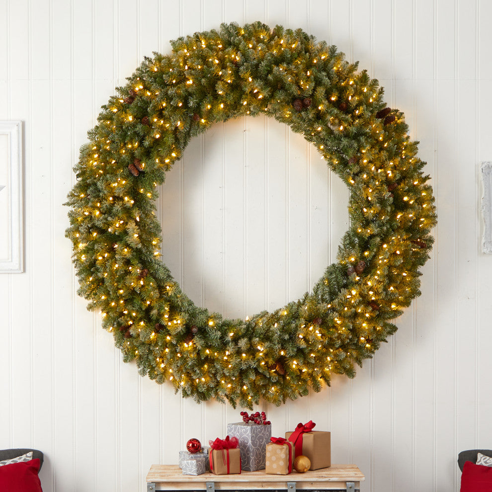 6' Giant Flocked Artificial Christmas Wreath With Pinecones, 400 Clear LEDs