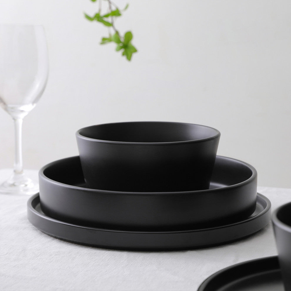 Stone Lain Celina Stoneware Dinnerware Set, Cereal and Dinner Bowls, Black, 12-Piece