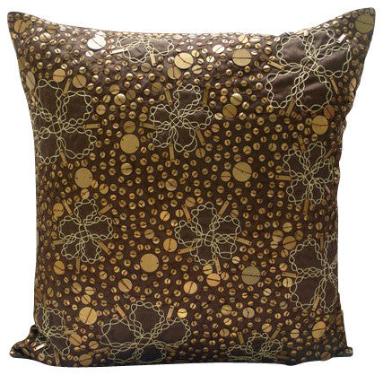 Brown Metal Sequins 26"x26" Silk Euro Pillow Shams, Total Sophistication