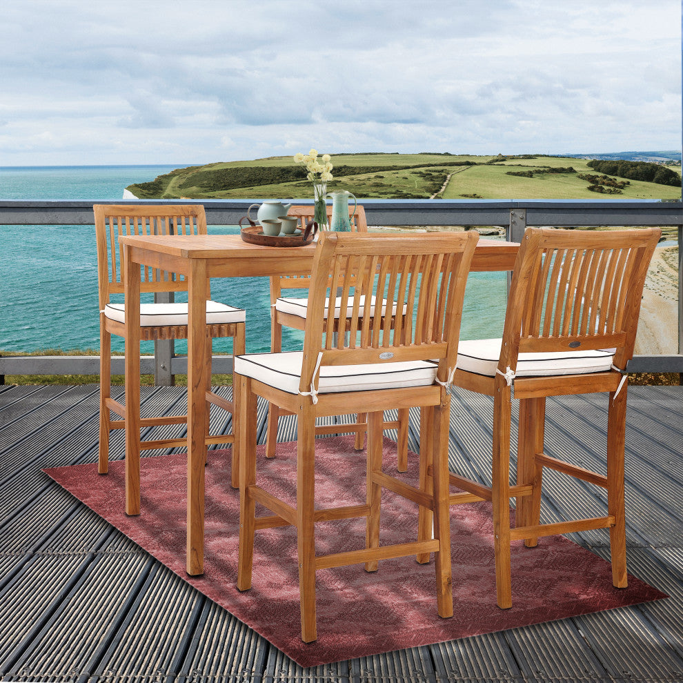 5 Piece Teak Wood Castle 55" Rectangular Patio Bistro Bar Set with 4 Barstools