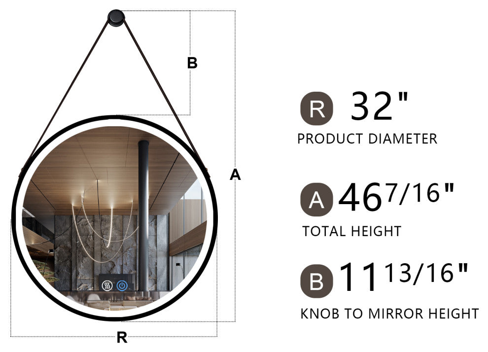 32'' Round Metal Framed Smart 3-Color Dimmable Anti-Fog LED Vanity Mirror, Black