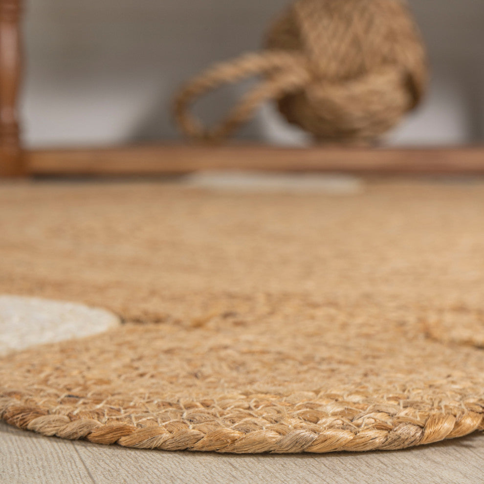 Ayana Two-Tone Jute Hippy Circle Round Area Rug, Natural/Cream, 6' Round