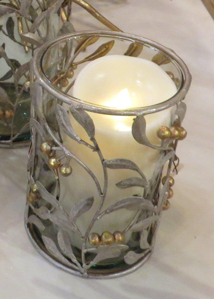 Tall 8" Leaf Berry Pillar Candle Holder, Metal Hurricane Leaves Branches