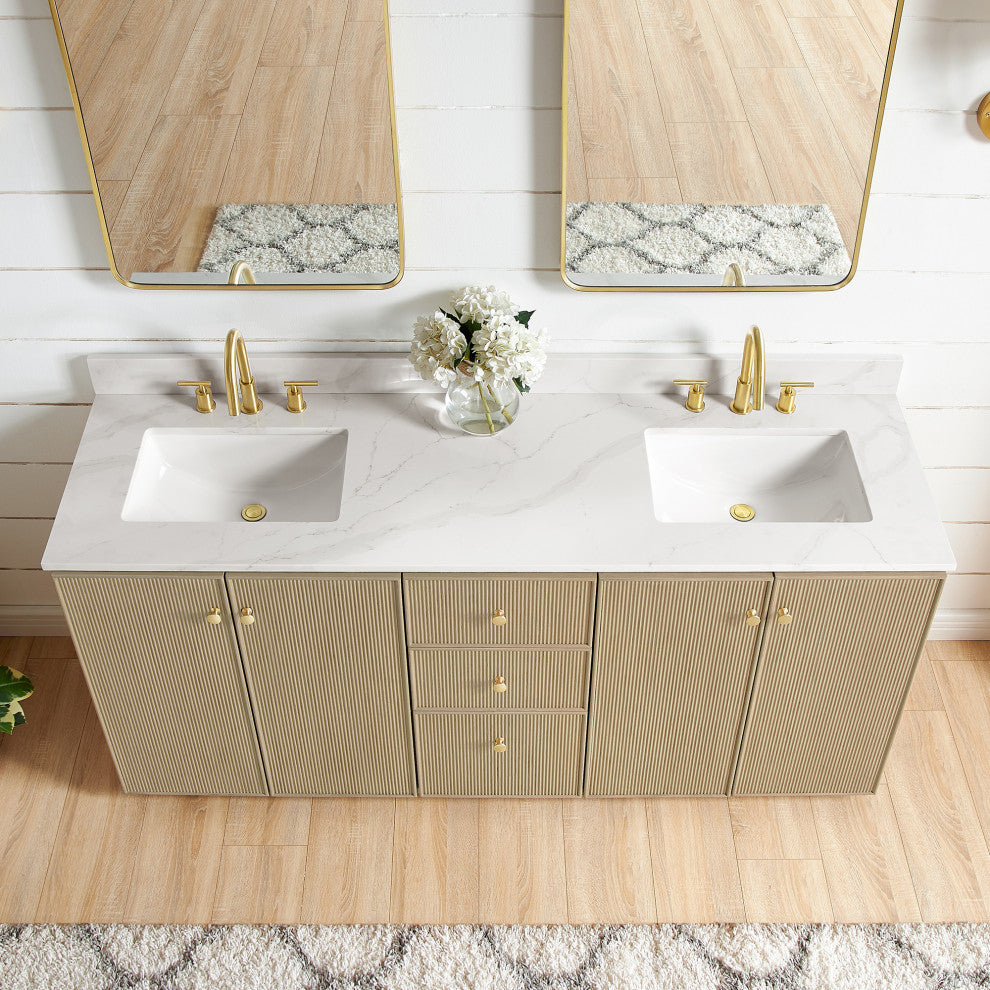 Oza Bath Vanity with Quartz Stone Top, Aged Natural Oak, 72", Double Vanity, No Mirror