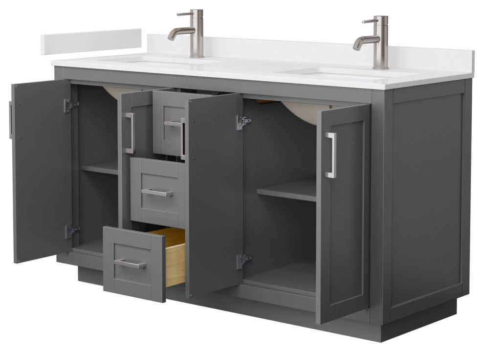 60"DBL Vanity Dark Gray, White Cult. Marble Countertop, Sinks, Nickel Trim