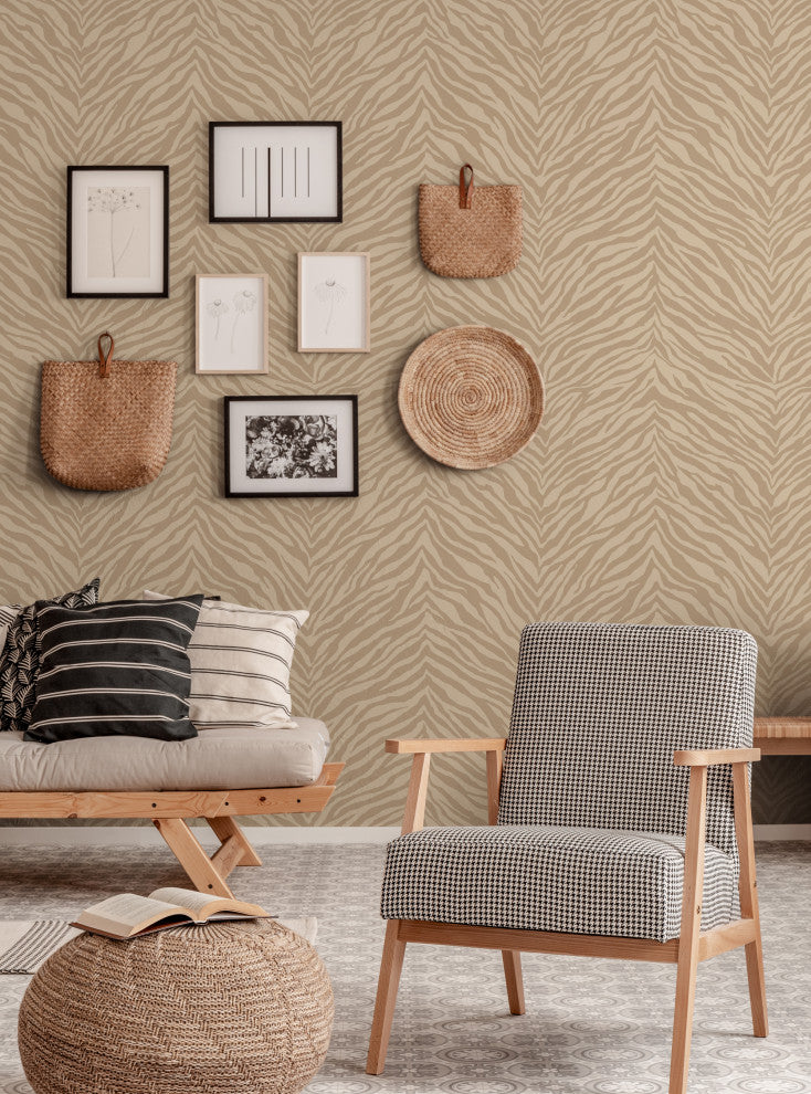 Zebra Print Peel and Stick Vinyl Wallpaper, Khaki, 24"w X 60"h