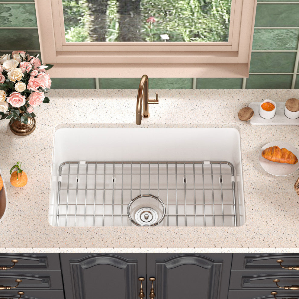 27"L x 19"W Undermount Fireclay Kitchen Sink with Sink Grid and Basket Strainer
