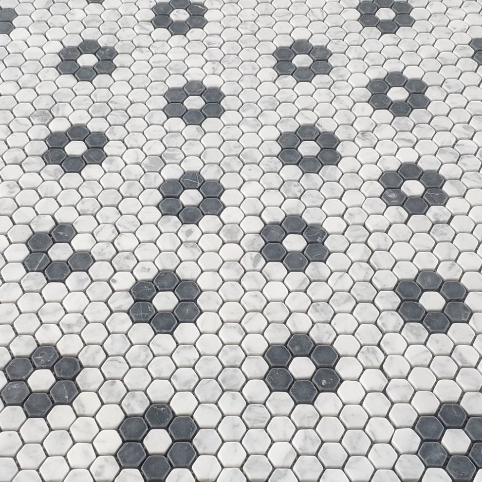Carrara White Marble Rosette Hexagon NonSlip Floor Mosaic Tile Tumbled, 1 sheet