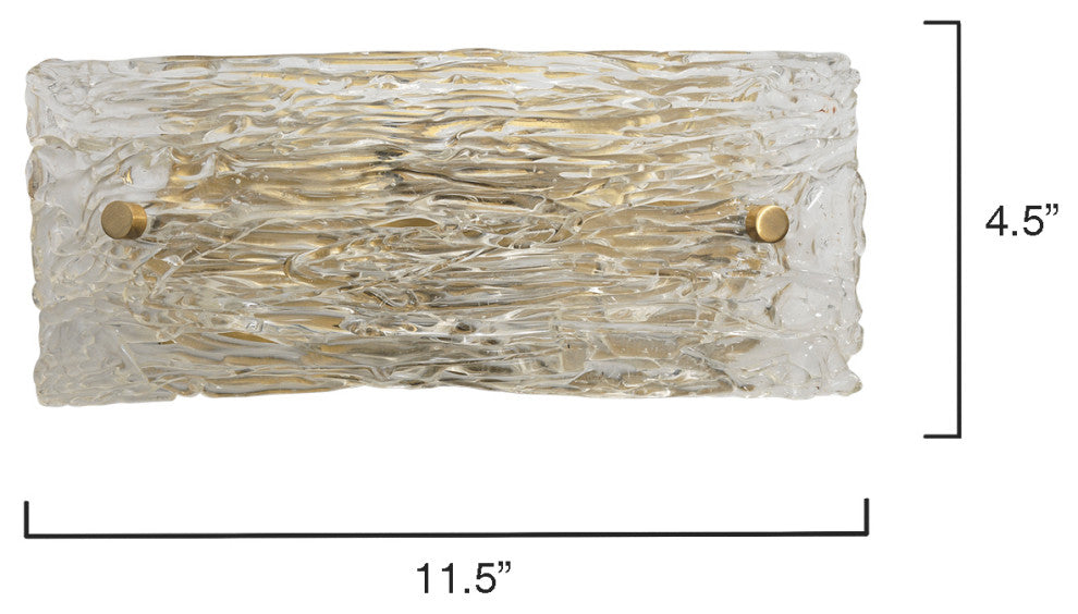 Swan Curved Glass Sconce, Small, Clear Textured Glass and Antique Brass Metal