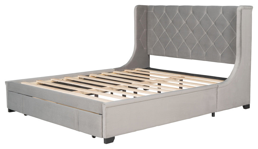 Queen Upholstered Platform Bed with Wingback Headboard and Drawer, Gray