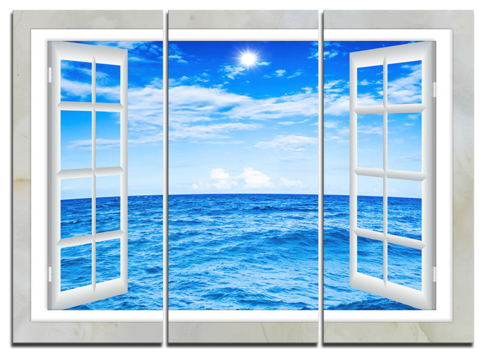 "Window Open to Blue Wavy Ocean" Metal Wall Art, 3 Panels, 36"x28"
