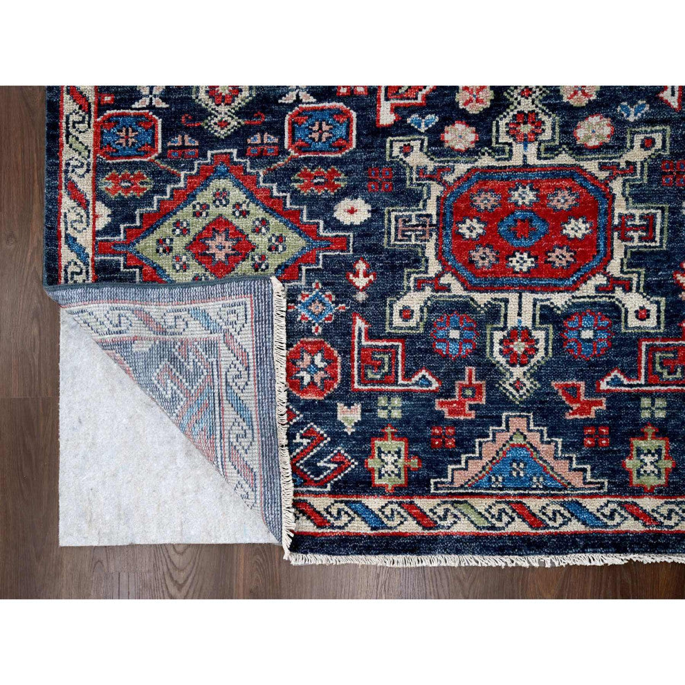 Charcoal Black Geometric Design Pure Wool Hand Knotted Oversized Rug 12'x14'10"