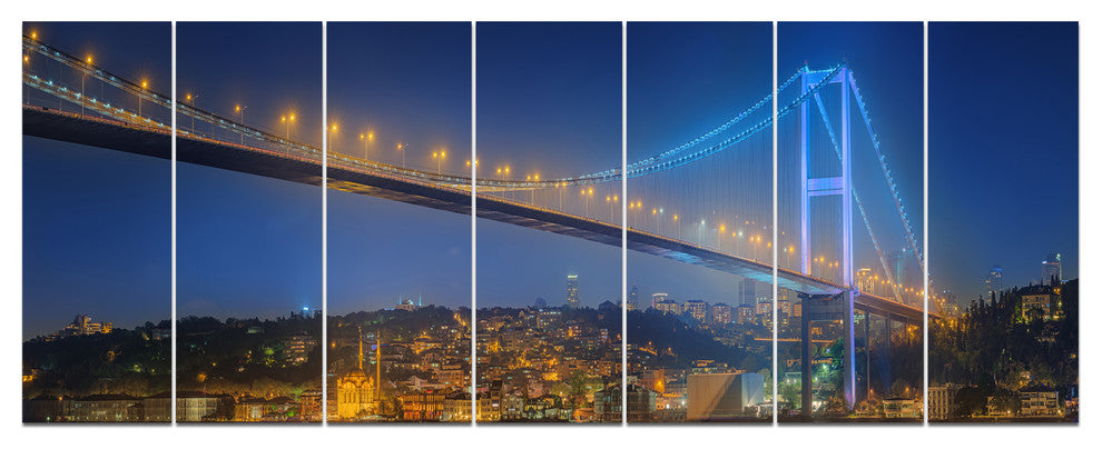 Bosphorus Bridge at Night Istanbul, Landscape Canvas Print, 83"x32", 7 Panels