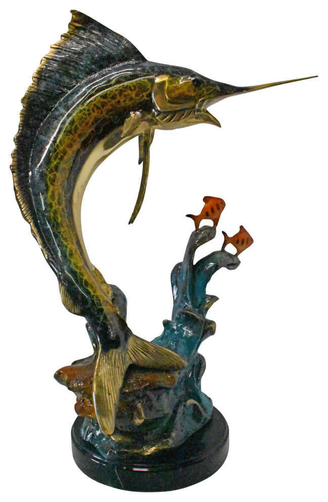Swordfish with Two Small fish Bronze Statue on Marble - Size: 21"L x 13"W x 28