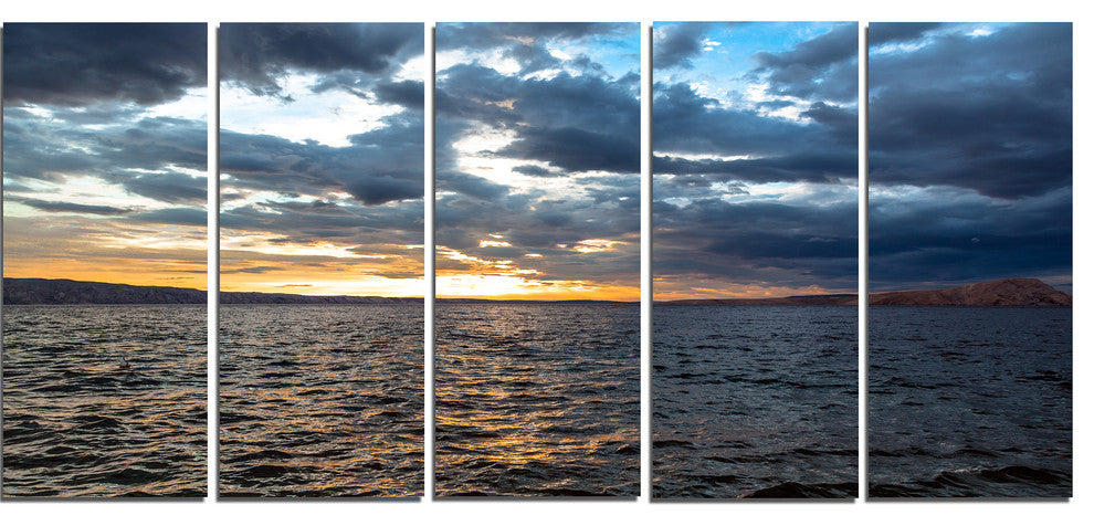 Beautiful Seascape under Cloudy Sky, Seashore Canvas Art, 60"x28", 5 Panels