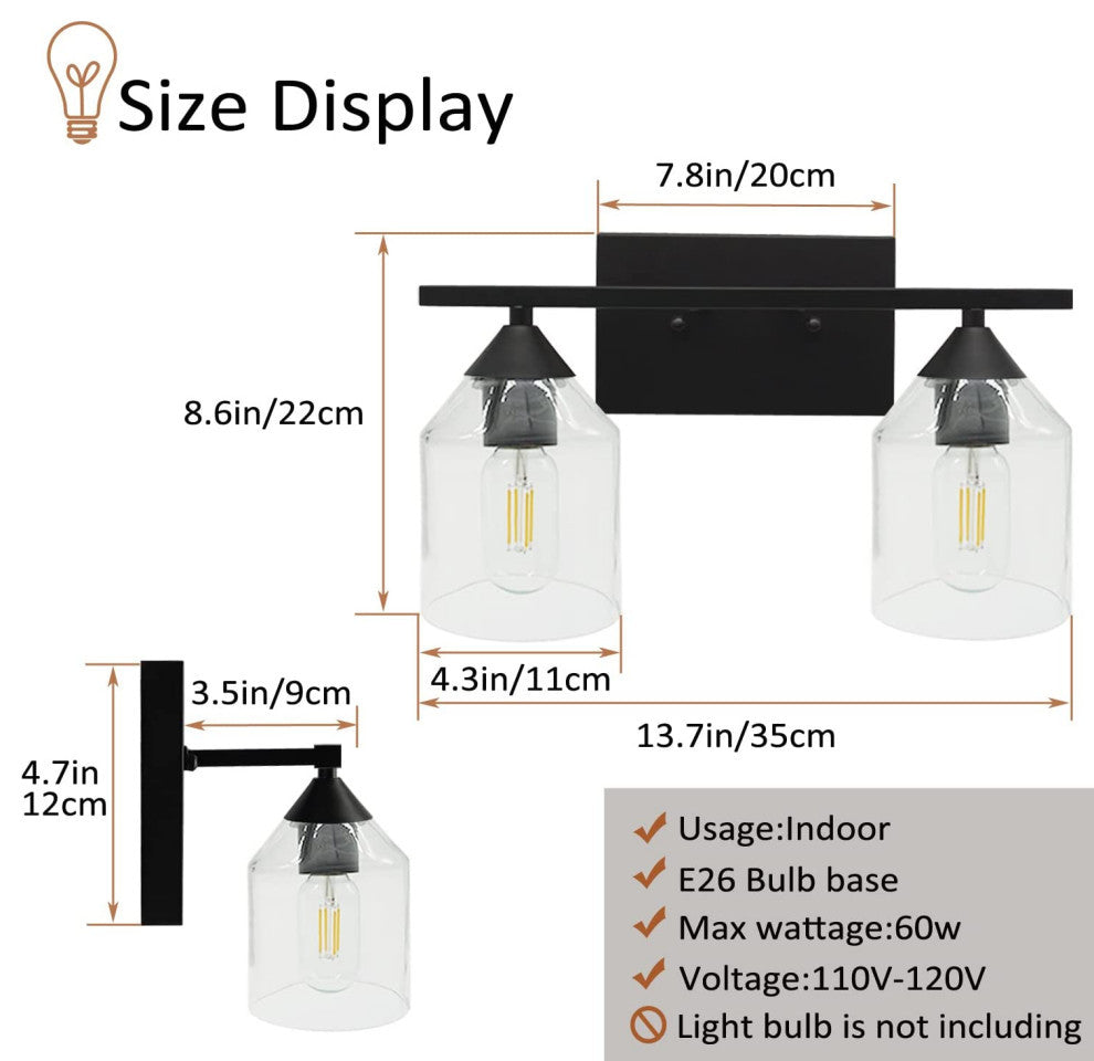 2-Light Black Wall Sconce Lighting Industrial Wall Lamp With Glass Shade