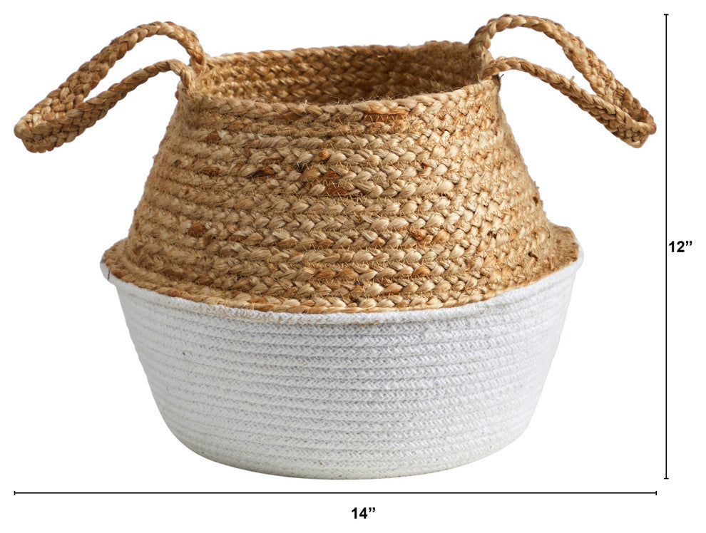 14" Boho Chic Handmade Cotton and Jute White Woven Basket Planter