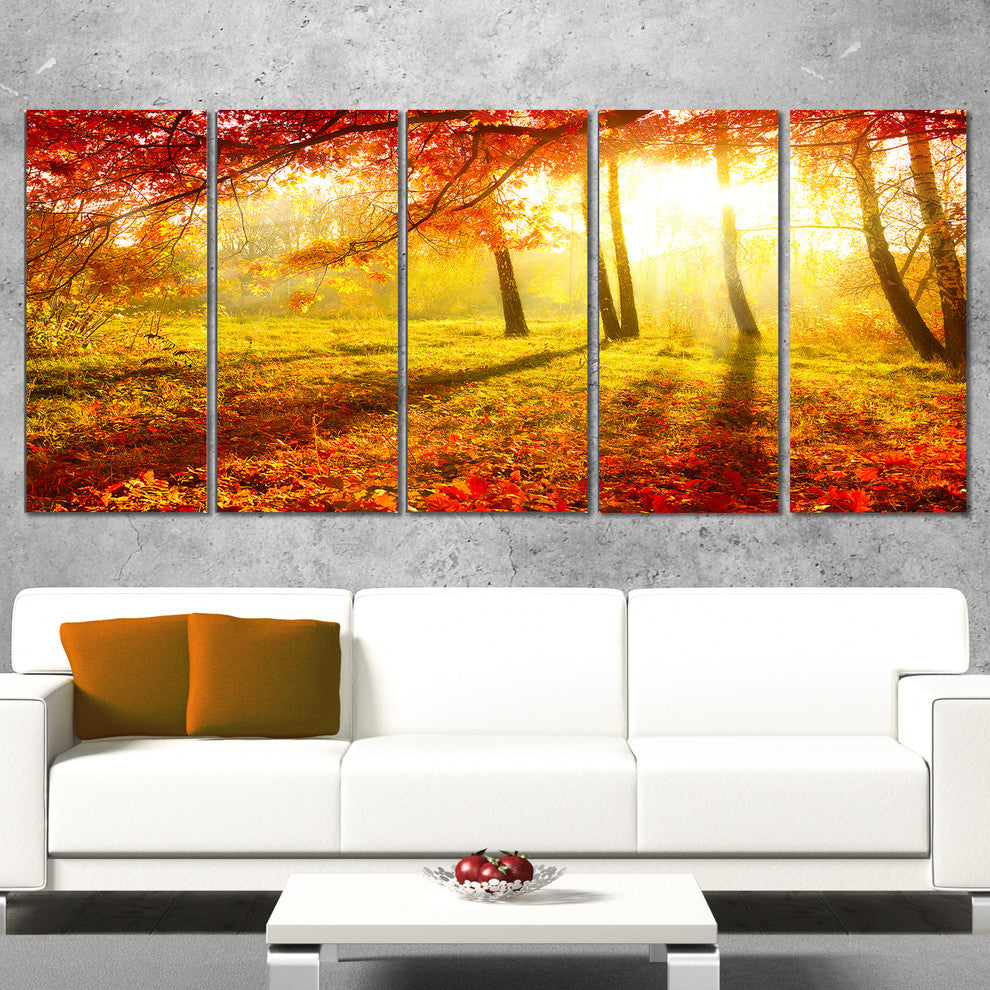 Yellow Red Fall Trees and Leaves, Landscape Canvas Art Print, 60"x28", 5 Panels