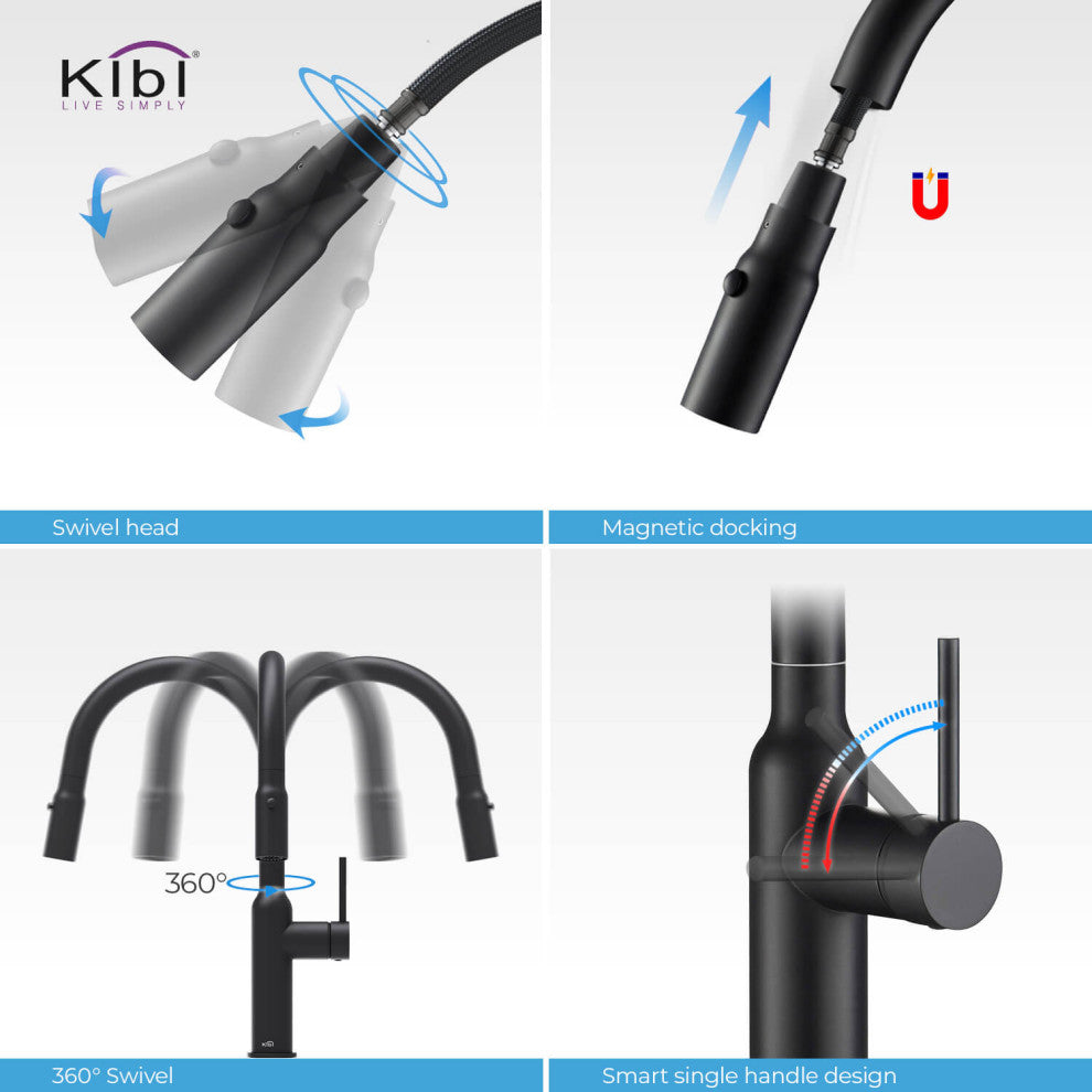 KIBI Hilo Single Handle Pull Down Kitchen Faucet, Matte Black, W/ Soap Dispenser