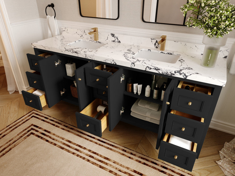 Nashville 84" Double Sink Bath Vanity, Black 2" White Quartz