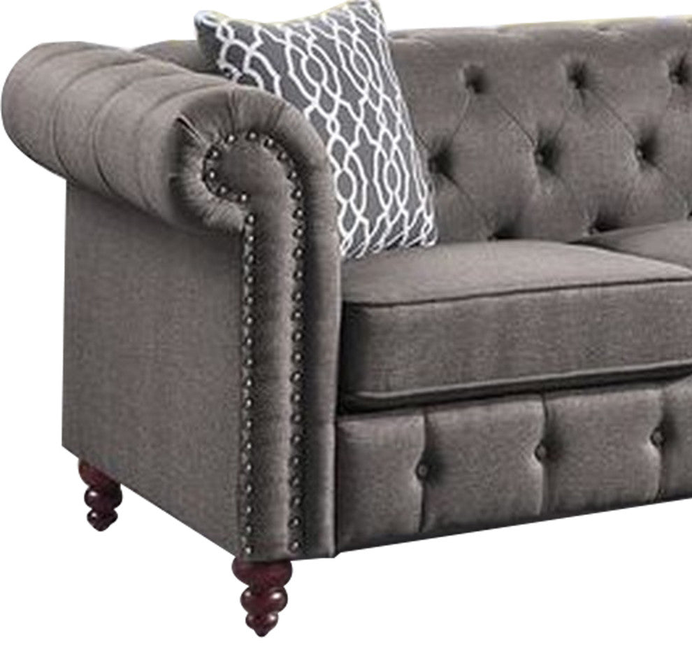 Benzara BM251169 Reversible Sectional Sofa, Button Tufting and Rolled Arms, Gray