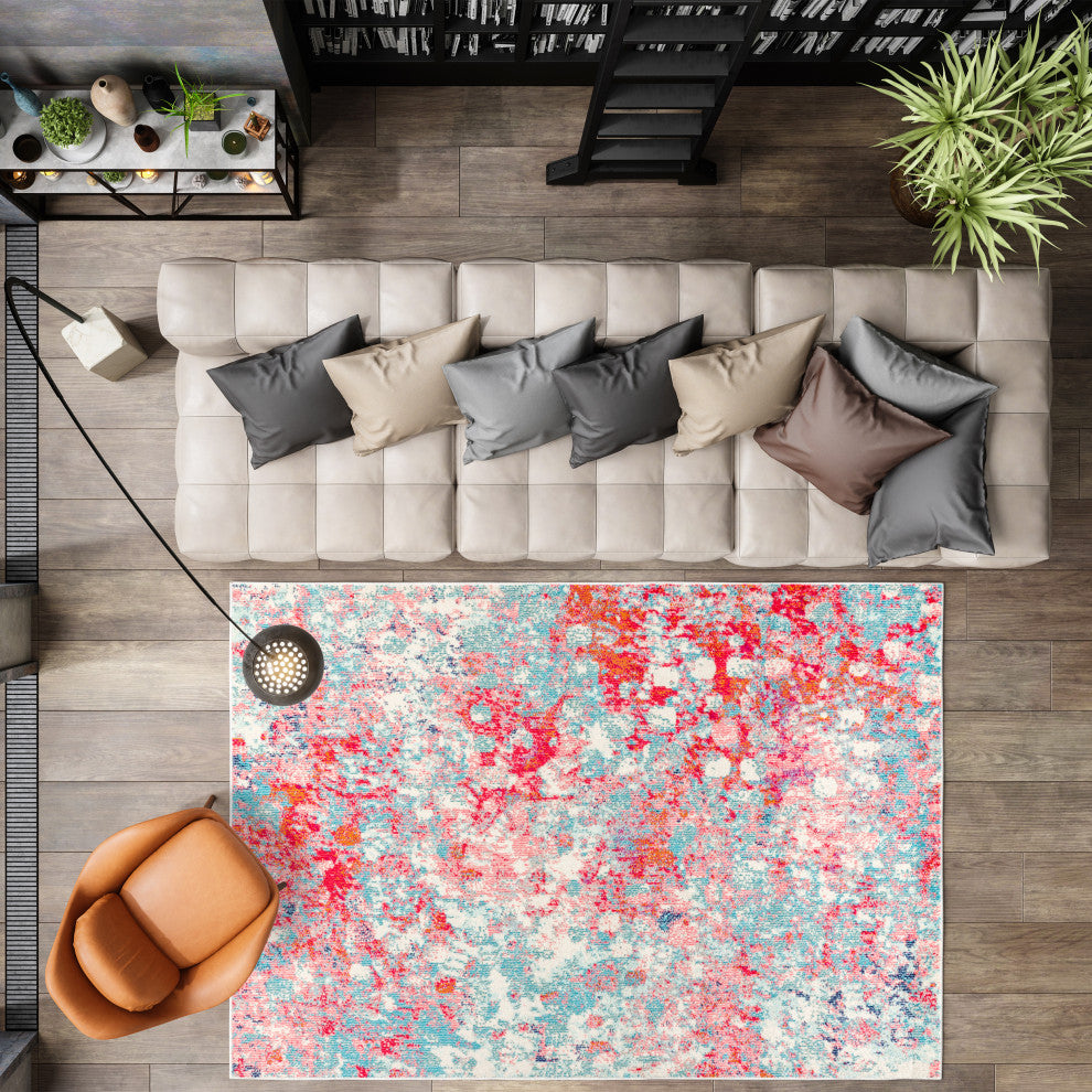 Contemporary POP Modern Abstract Area Rug, Blue/Red, 4 X 6