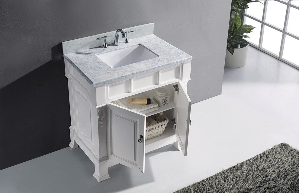 Virtu Huntshire 36" Single Bathroom Vanity, White With Faucet and Mirror