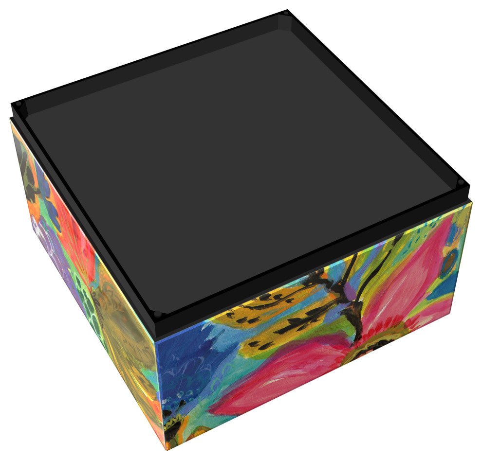 "Secret Garden Floral II" Printed Glass Cocktail Table with Black Plinth Base