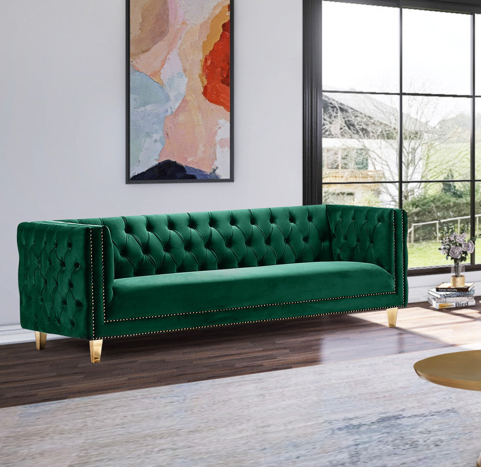 Michelle Fabric Upholstered Chair, Gold Iron Legs, Green, Velvet, Sofa