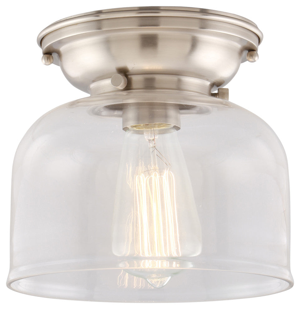 Large Bell 1-Light Flush Mount, Brushed Satin Nickel, Clear