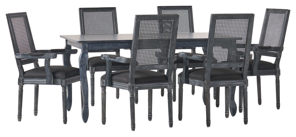 Regan Fabric Upholstered Wood and Cane Expandable 7-Piece Dining Set, Gray/Black
