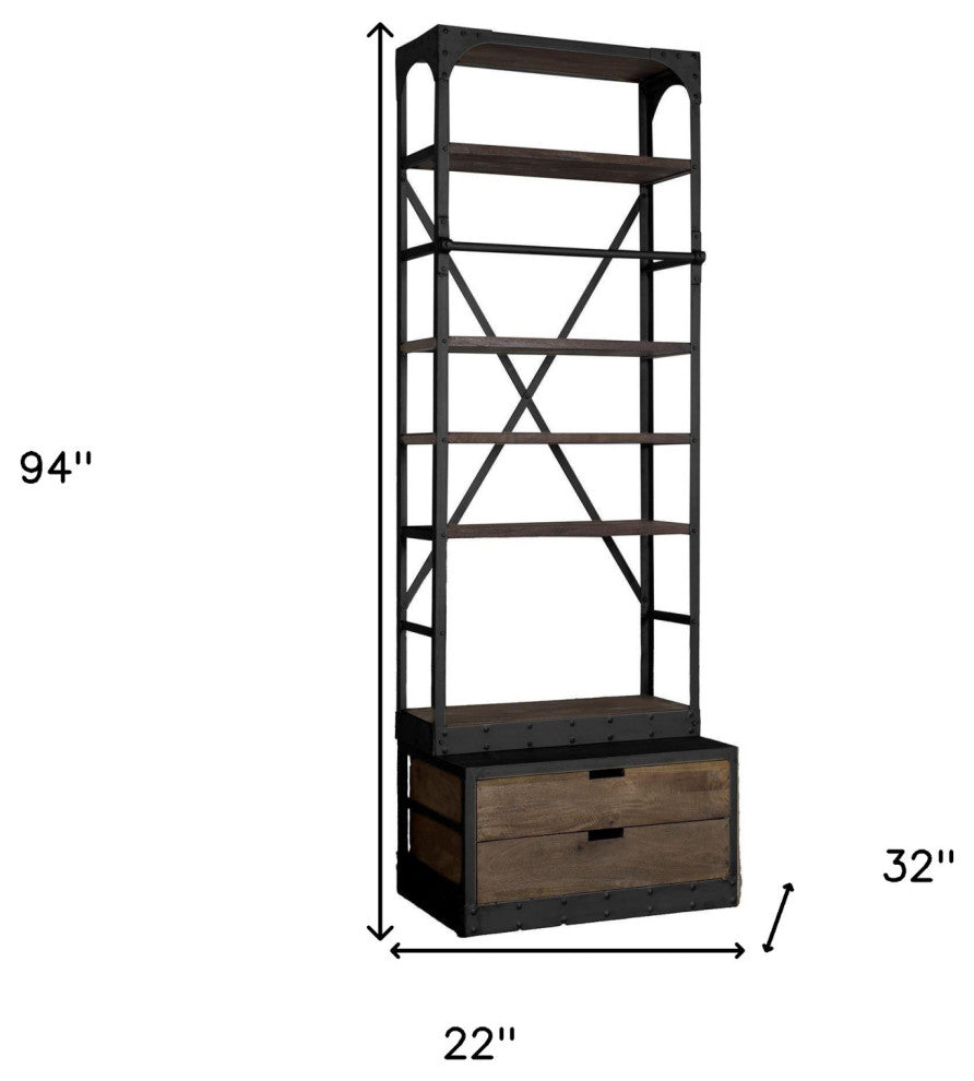 94" Black Distressed Iron and Solid Wood Five Tier Bookcase with Two Drawers